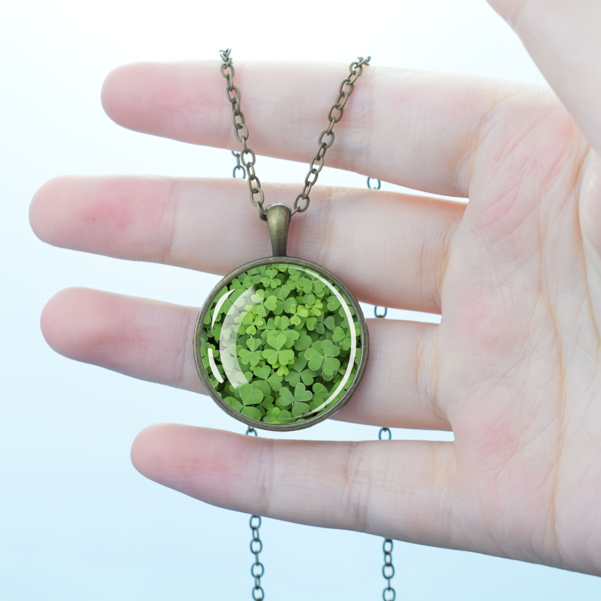 Women's Four Leaf Clover Pendant Necklace with Glass Dome